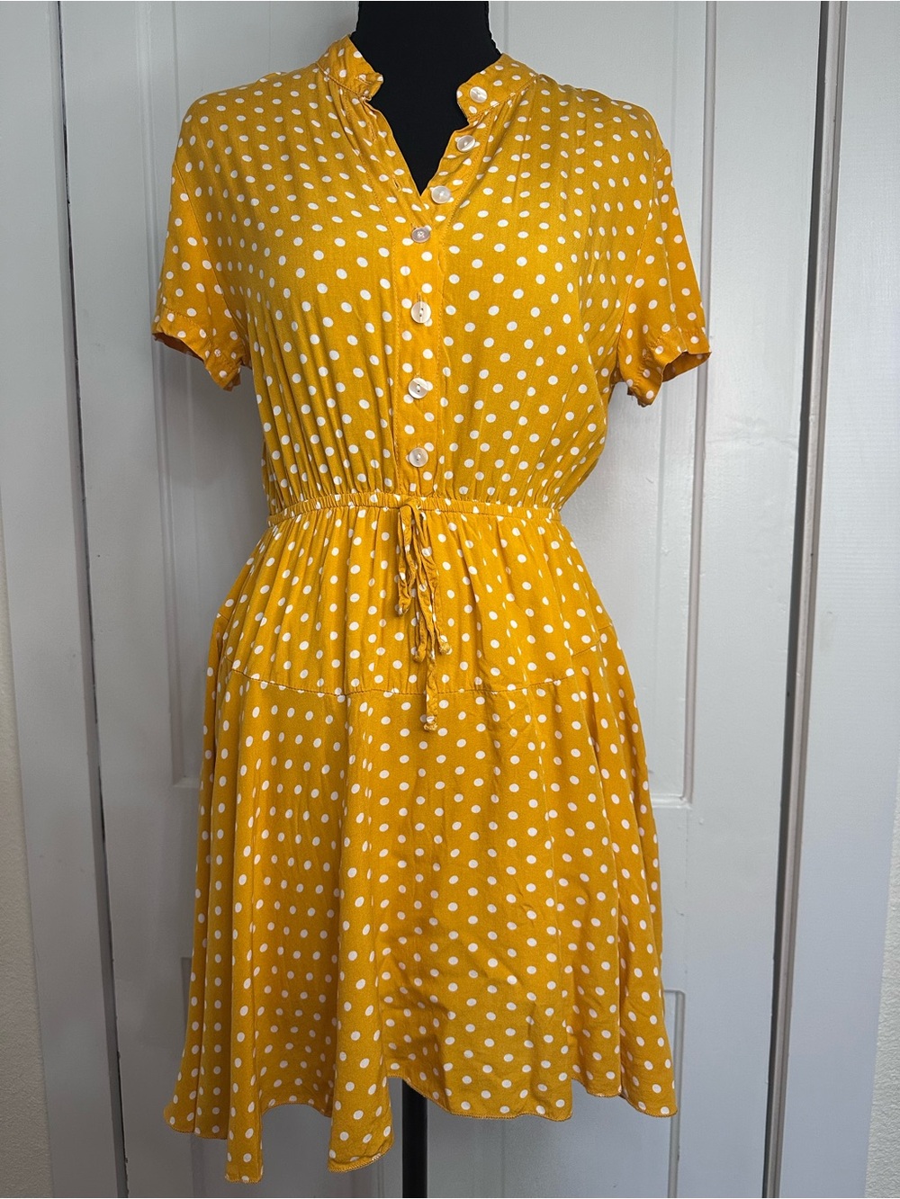 Yellow Polka Dot Button-Front Mini Dress with Drawstring Waist
